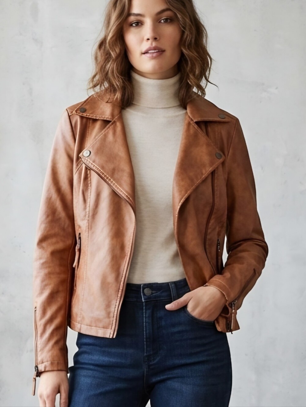 Max Studio Women's Brown Leather Moto Jacket